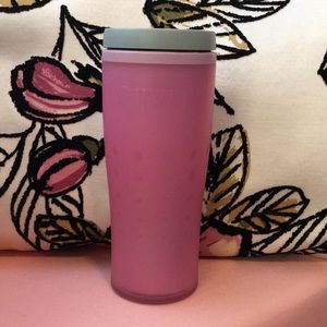 pink tupperware travel mug